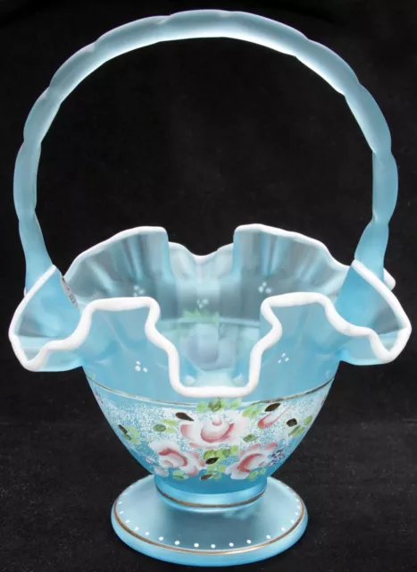 Fenton Charleton Collection 2002 Satin Blue Art Glass Basket White Crest 9 1/4”