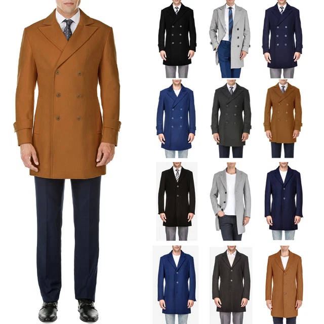 Men's Double or Single Breasted Pea Coat Wool Blend Dress Jacket