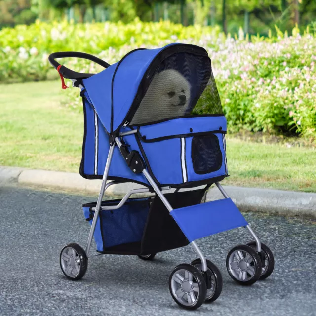 4 Wheel Pet Stroller Cat Dog Jogger Folding Sunshade Canopy Blue