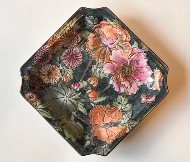 Vintage Chinese Handpainted Famille Rose Porcelain Square Plate/Tray Floral Gilt