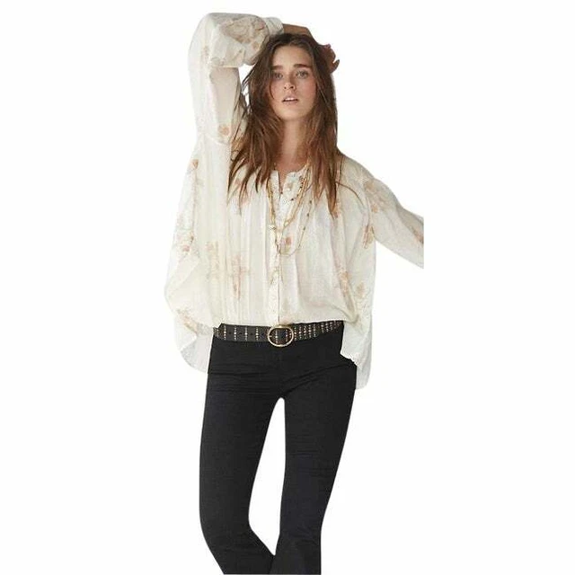 Free People Imprimé Floral Bouton vers le Bas Haut Chemisier Coton Lacets S Neuf