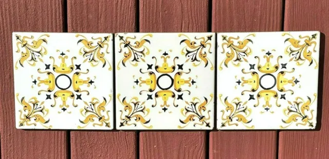 Vintage ONDA Espana Spain Hand Painted White Black Yellow 8" X 8" Ceramic Tiles