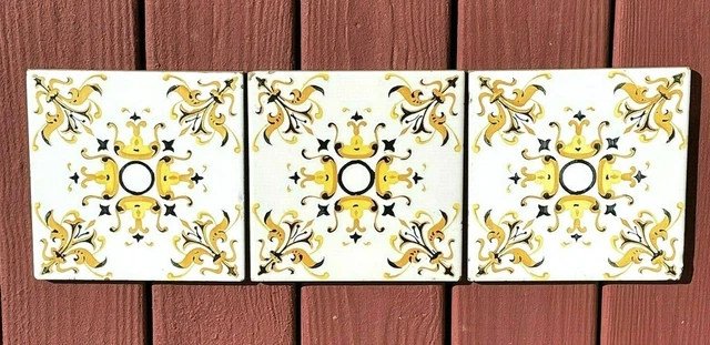 Vintage ONDA Espana Spain Hand Painted White Black Yellow 8" X 8" Ceramic Tiles