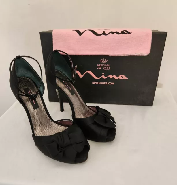 NINA Electra - LS Black Luster Satin Dressy Peep-Toe Pump w/ Bow - Size 8 1/2 M