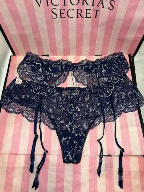 Victorias Secret  Dream Angels Garter Belt & Thong Large Blue Shimmer 2