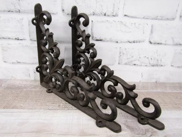 Set of 2 Cast Iron Shelf Brackets Braces Antique Style Fleur-de-lis 9" x 7.5"