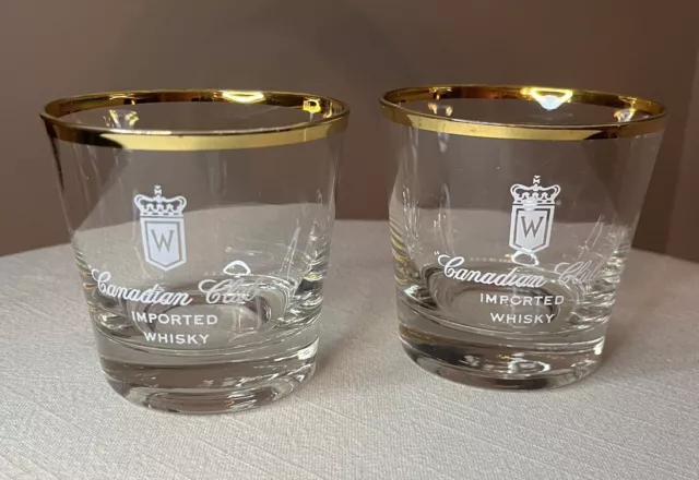 VINTAGE Two (2) Canadian Club Gold Trimmed Imported Whisky Rocks Glasses