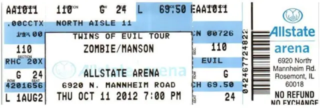 Marilyn Manson White Zombie Ticket Stub October 11 2012 Rosemont Illinois