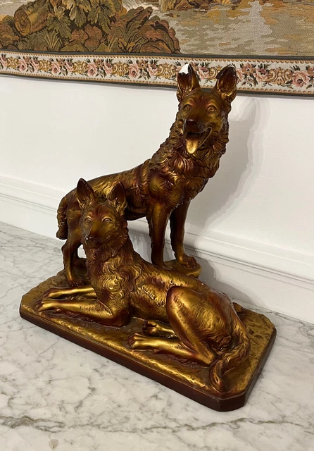 Ancienne Statue En Plâtre Enfant Et Chien Par Maison Rémy Saint-Dizier - Sculpture Décorative
