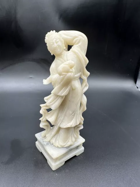 Vintage Hand Carved Old Jade Statue Geisha and Rabbit 7.5" Old Chinese Art