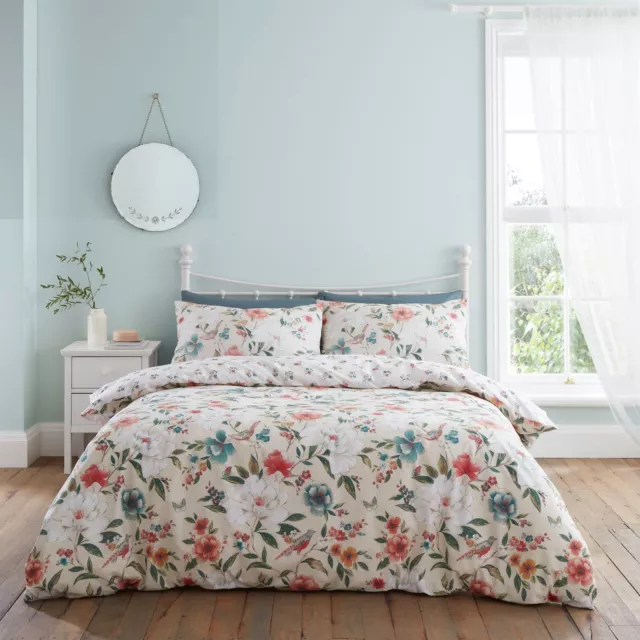 Floral Birds Duvet Cover Set with Pillowcase Natural Reversible Patchwork