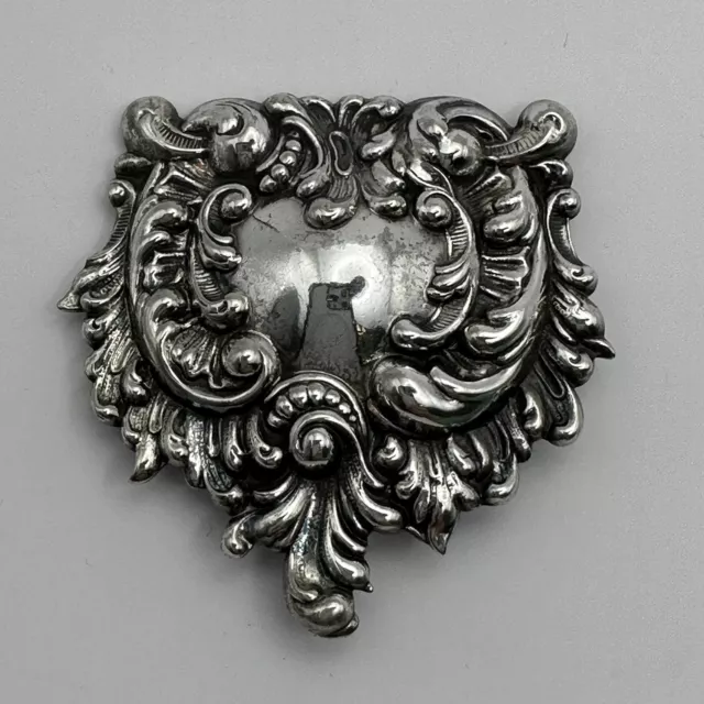 Embossed Shield Shaped Silver Metal Brooch Pin Ornate Victorian Romantic