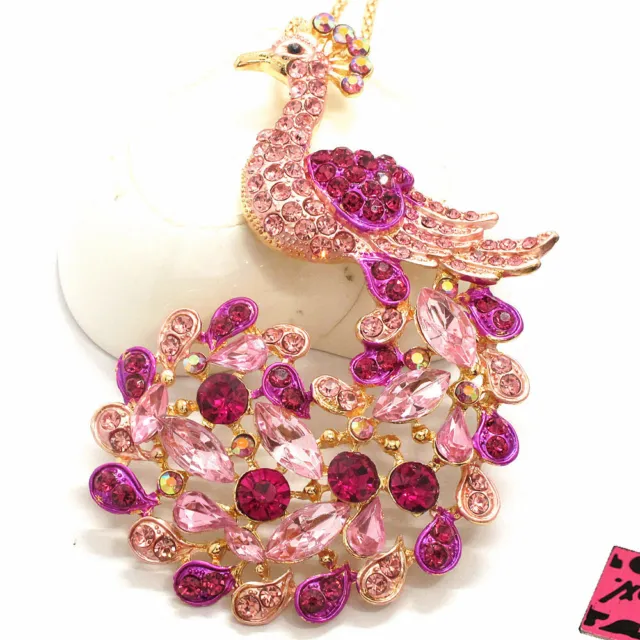 Hot Betsey Johnson Pink Crystal Peacock Bling Animal Pendant  Chain Necklace