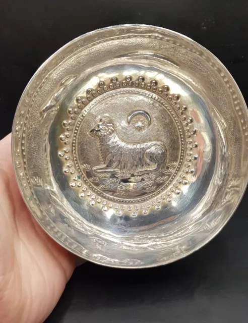 Quality Antique 800 Silver Bowl - Unknown Ram Under Moon Image - Religious???