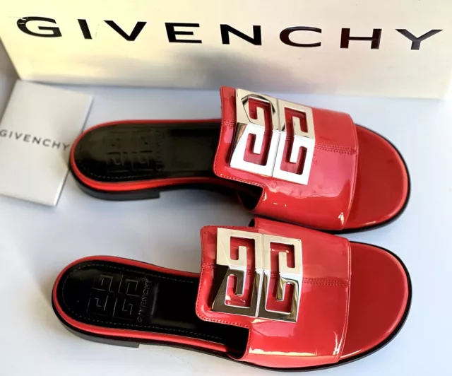 Givenchy 4G Logo Patent Leather Flat Mules Sandals Red EU 38 /US 8 MSRP $695 2