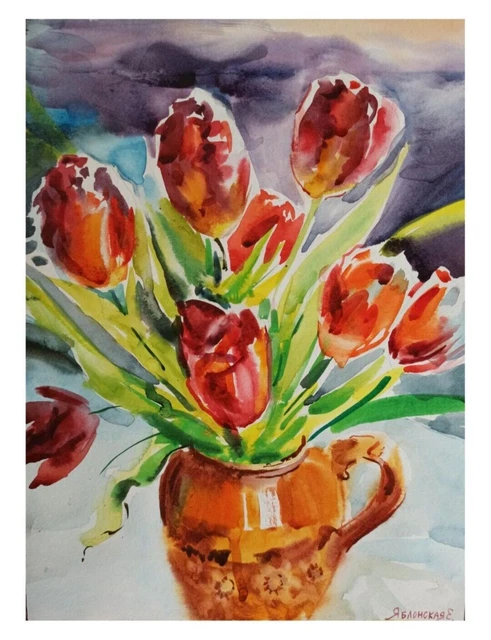 Bouquet di fiori di pittura ad acquerello originale di tulipani 10.82''/8.26''