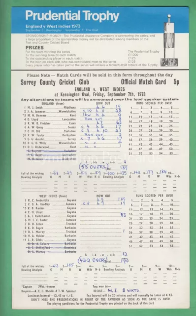 🌞CRICKET SCORECARD: ENGLAND v WEST INDIES, OVAL: SEPT 1973, PRUDENTIAL TROPHY