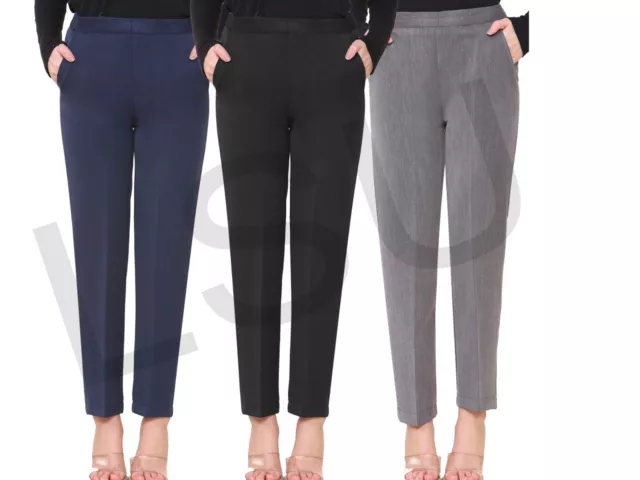 Ladies Trousers Half Elasticated Women Pull Up Pants Formal Office Work Trousers