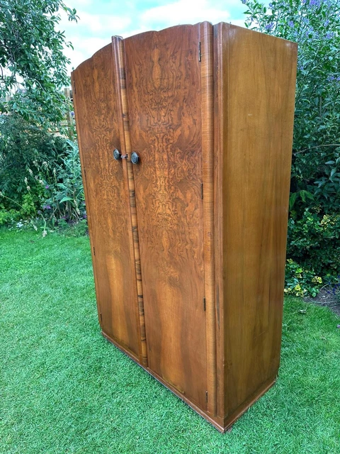 Antique Art Deco 1930s Burr Flame Walnut Veneer Double Wardrobe Interior Shelf