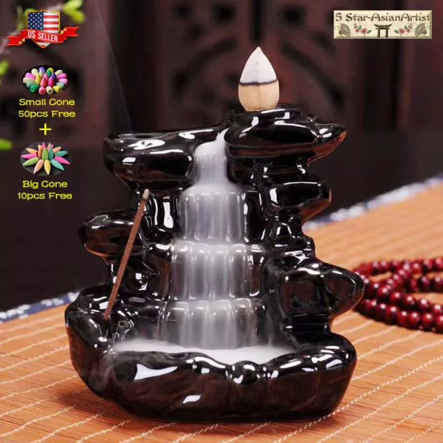 Ceramic Backflow Incense Burner Holder Lotus Waterfall & Incense Cones Gift