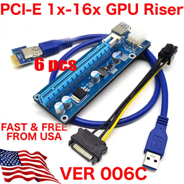 6 X Pack V006C PCI-E 16x 1x Powered Riser GPU Adapter 6 Pin 6-PIN ETH Mining