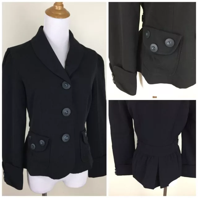 MARC JACOBS Womens Small Black Wool Blend Deco Buttons Pleats Hem Blazer Jacket