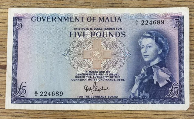 1961 Malta #29 Banknote 5 Pounds D.A. Shepard Fine Queen Elizabeth II P-27a