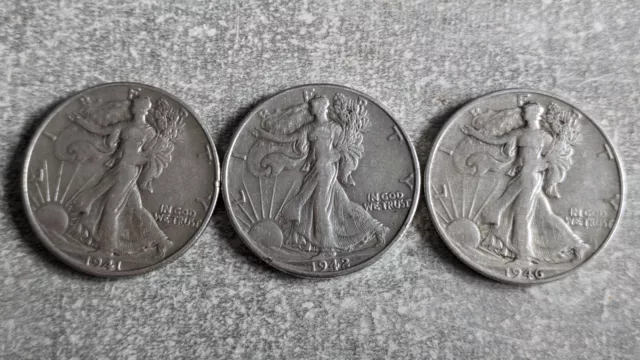 3x USA Silber Walking Liberty Half Dollar Silbermünzen, 1941 D, 1942, 1946 S