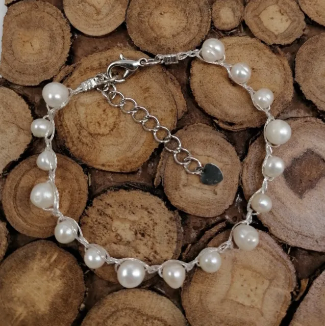 Bracelet Perles d'Eau douce véritables sur fils de soie 18cm + rallonge