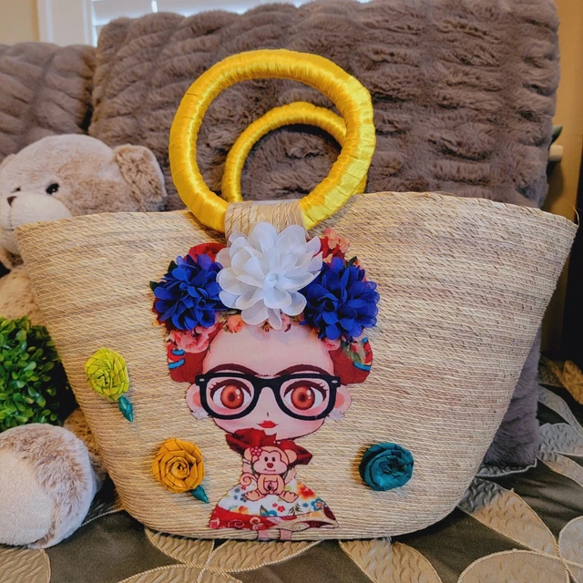 Frida Kahlo Beach Bag Handmade Natural Palm Tree Large Frida Kahlo Beach Bag Handmade Natural Palm Tree Large