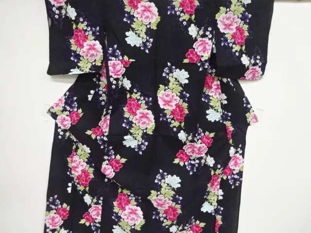 11090# Japanese Kimono / Antique Yukata / Peony With Sakura & Wisteria