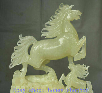 16.4" Natural Xiu Jade Jadeite Feng Shui Zodiac Animal 2 Horse Great Wall Statue 2