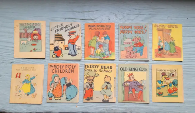 10 ANTIQUE VINTAGE TINY MINI BOOKS ~ 2-5/8" x 2-1/8" Lot Set Doll Children's