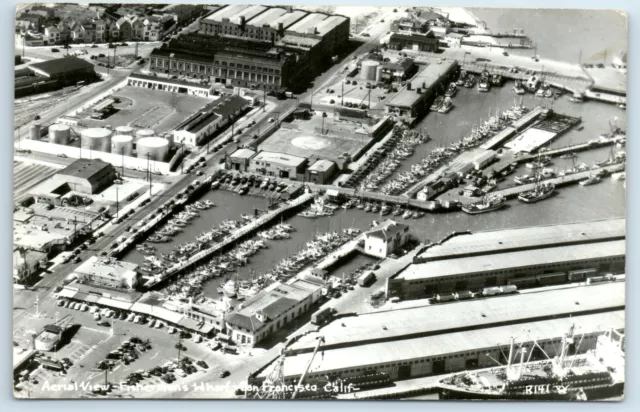 Postcard Aerial View of Fisherman's Wharf, San Francisco CA boats RPPC A106