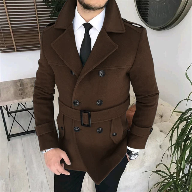 Mens Trench Coats Outwear Overcoat Long Sleeve Button Up Coat Jacket