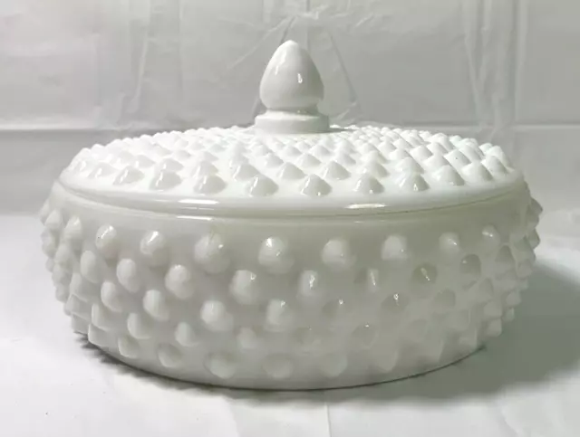 Vintage Fenton Hobnail White Milk Glass Covered Candy Dish 6"