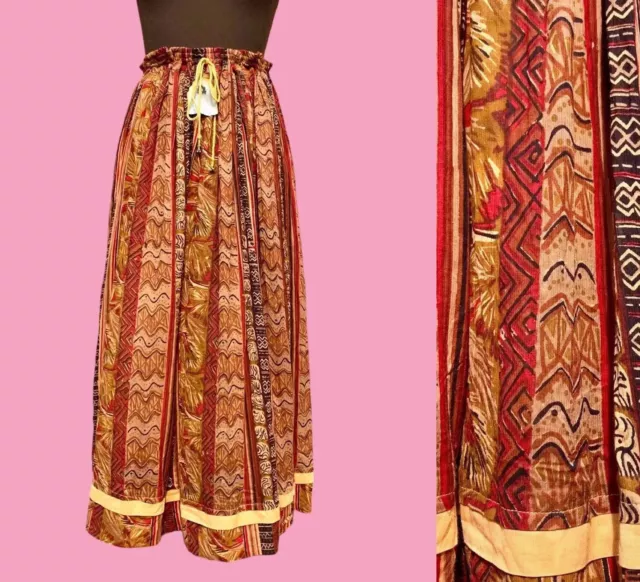 TRUE VINTAGE 70s 80s HIPPIE BOHO FESTIVAL INDIAN LONG BROWN SKIRT wBELLS *M L XL