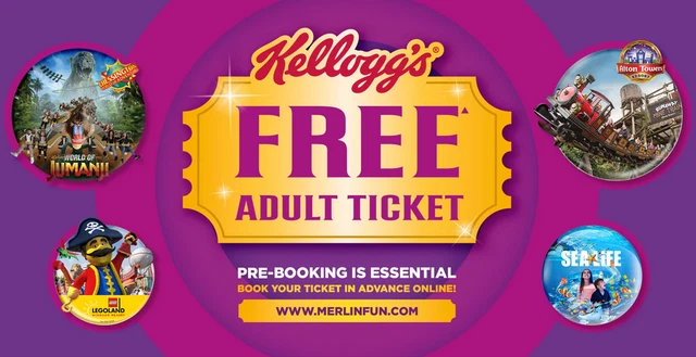 2 Kellogg's Grown Up's Go Free CODE : LEGOLAND ALTON TOWERS THORPE PARK SEA LIFE