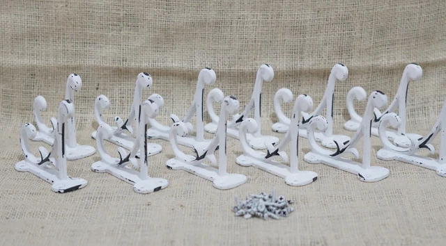 12 White Rustic Coat Hooks Antique Style Cast Iron 4.5" Wall Double Restoration