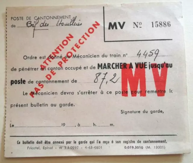 Ancien bulletin " Marche à Vue" Chemin de fer, SNCF, train Nr 4459