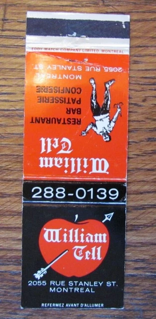 William Tell Restaurant Matchbook Cover: Montreal, Quebec Empty Matchcover -C4