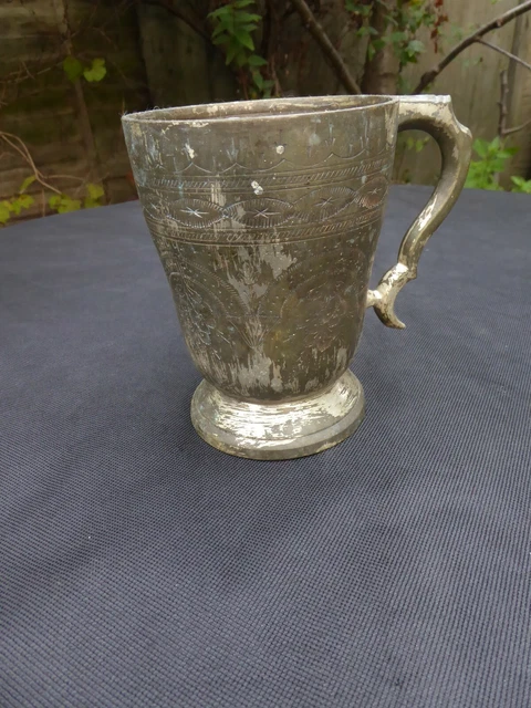 Vintage half pint  Silver Plated Engraved Brass Indian Style Tankard