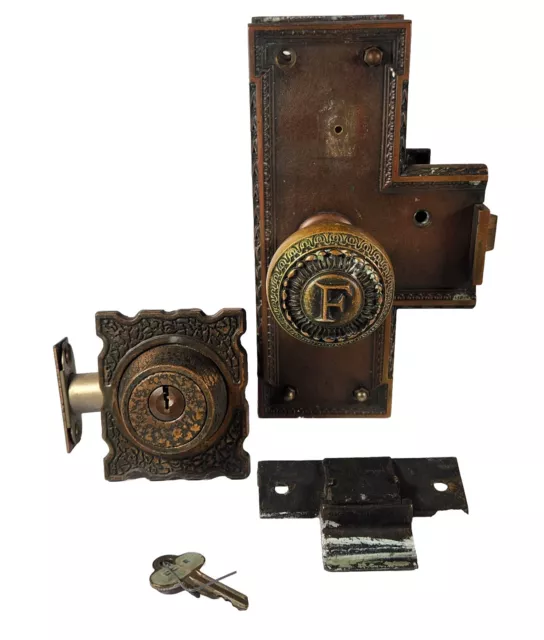 Antique Ornate Brass Entry Lockset w Key & Deadbolt Patent 1899 1900 GORGEOUS!
