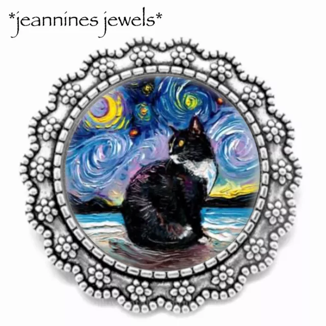 Starry Night Tuxedo Cat BROOCH Pin Impressionist ART PRINT Silver Lapel Pin