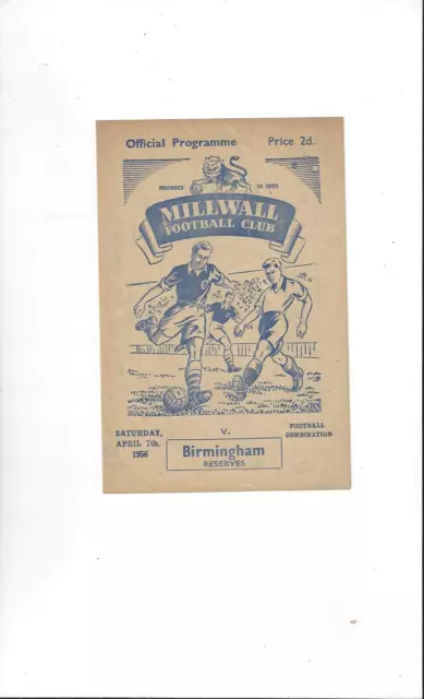 Millwall v Birmingham City Reserves Football Programme 1955/56