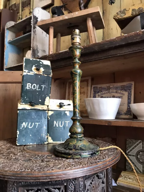 Antique Early 20th Century Wooden Faux Marble Painted Table Lamp Lighting Light