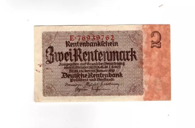 XXX-Rare genuine german 2 Rentenmark 3. reich nazi banknote 1937 very fine c !!!