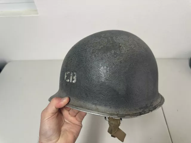 Original US WWII USN M1 Helmet with Liner WW2 US Navy Named w Leather Chinstrap