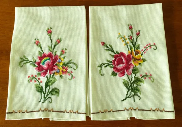 Cross Stitch Embroidered Roses Linen Guest Hand Towels - Set 2