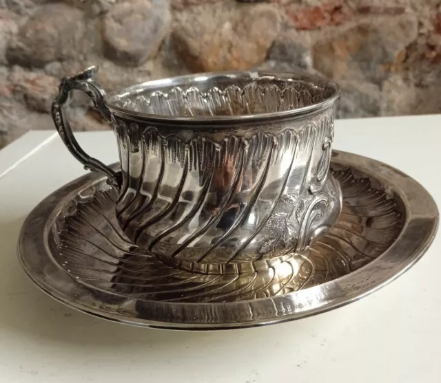 Antique Unique Sterling Silver Tea Cup & Saucer France Hallmarked Late 19th C